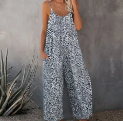Women's Solid Colour Suspender Jumpsuit Solid Colour - Black And White Leopard Print - View 1