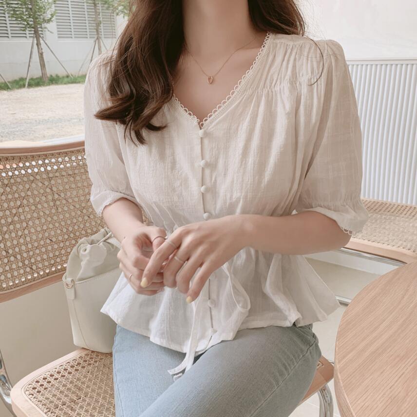 New Sweet Women's Shirt V-neck Waist Closing Lace Patchwork Shirt