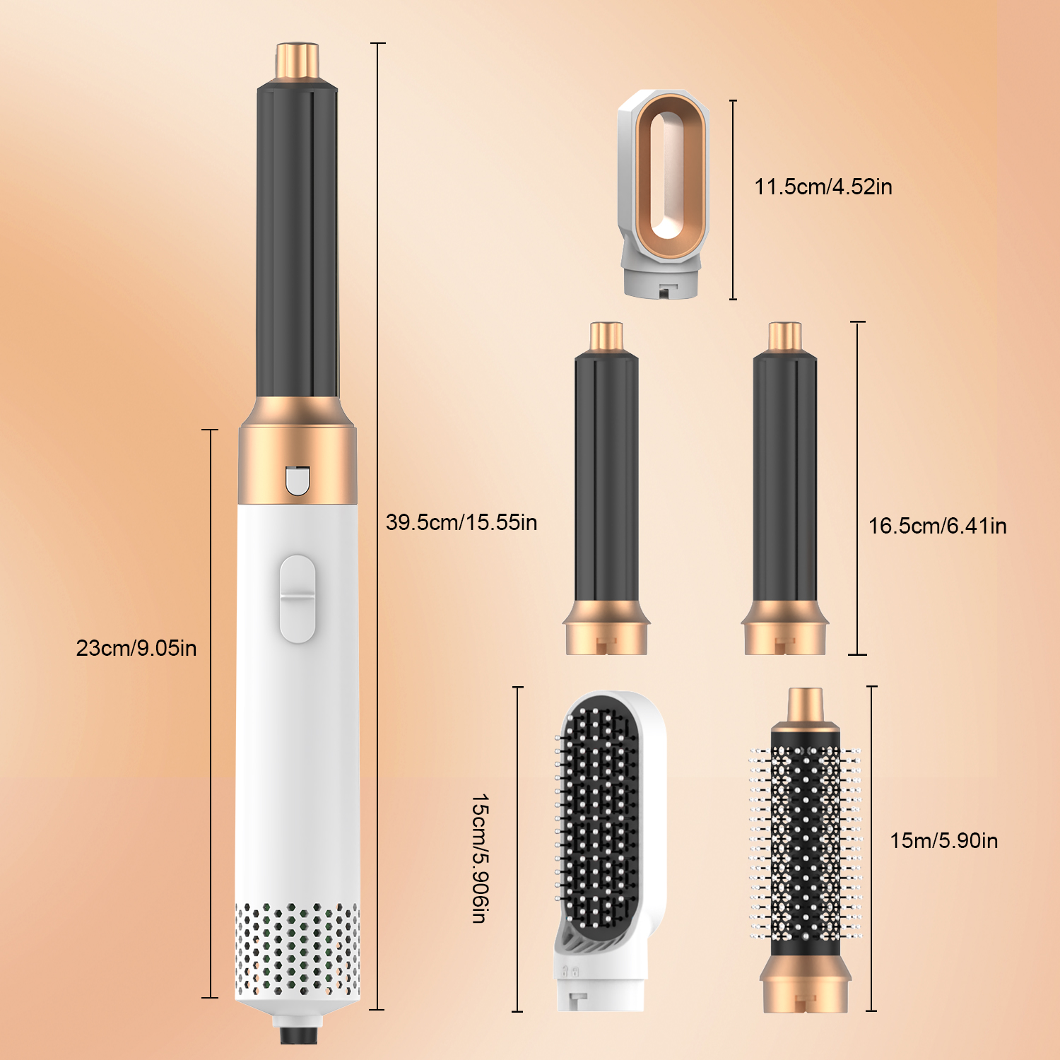 5-in-1 Hair Dryer Brush, White Gold. 5 IN 1 HAIR STYLER SET: The versatile stylers attach to the styling wand & hair dryer and give you the power to explore styles for any hair type. The 5 in 1 hair dryer brush set includes 1x hair dryer for fast drying, 