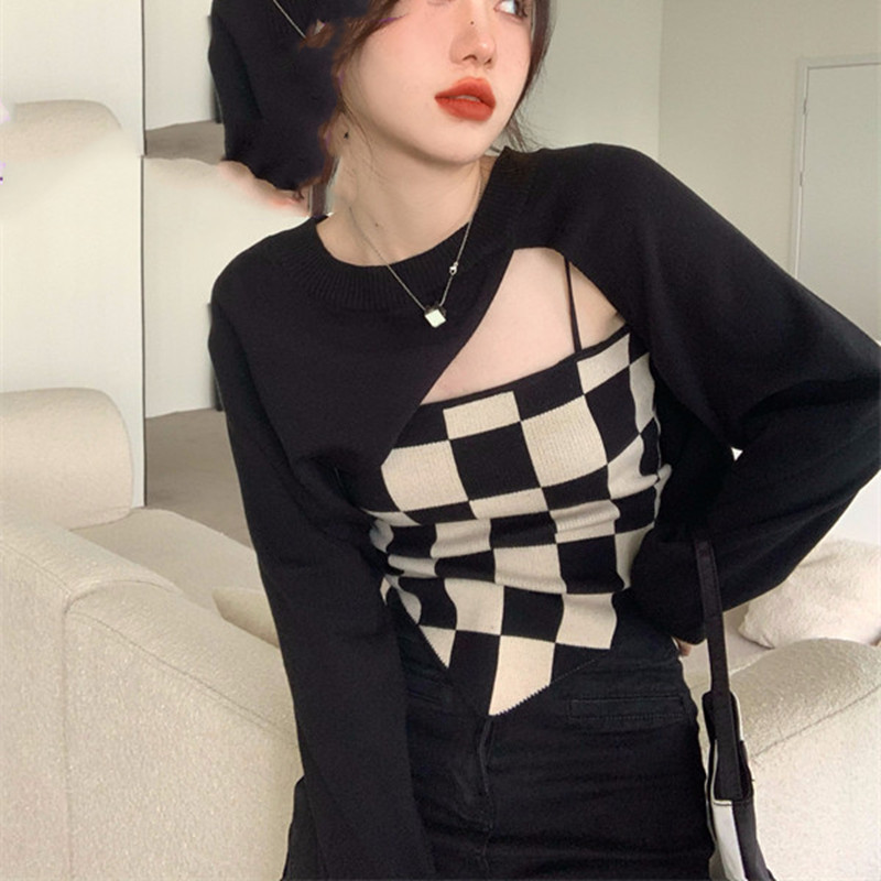 Sweet And Cool Checkerboard Sling Cropped Sweater Two-Piece Set