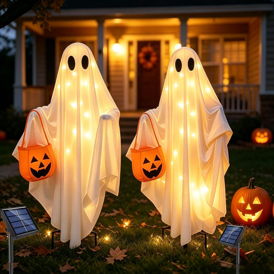 Solar Ghost Halloween Lights 2Pack Hanging Stake Yard Deco