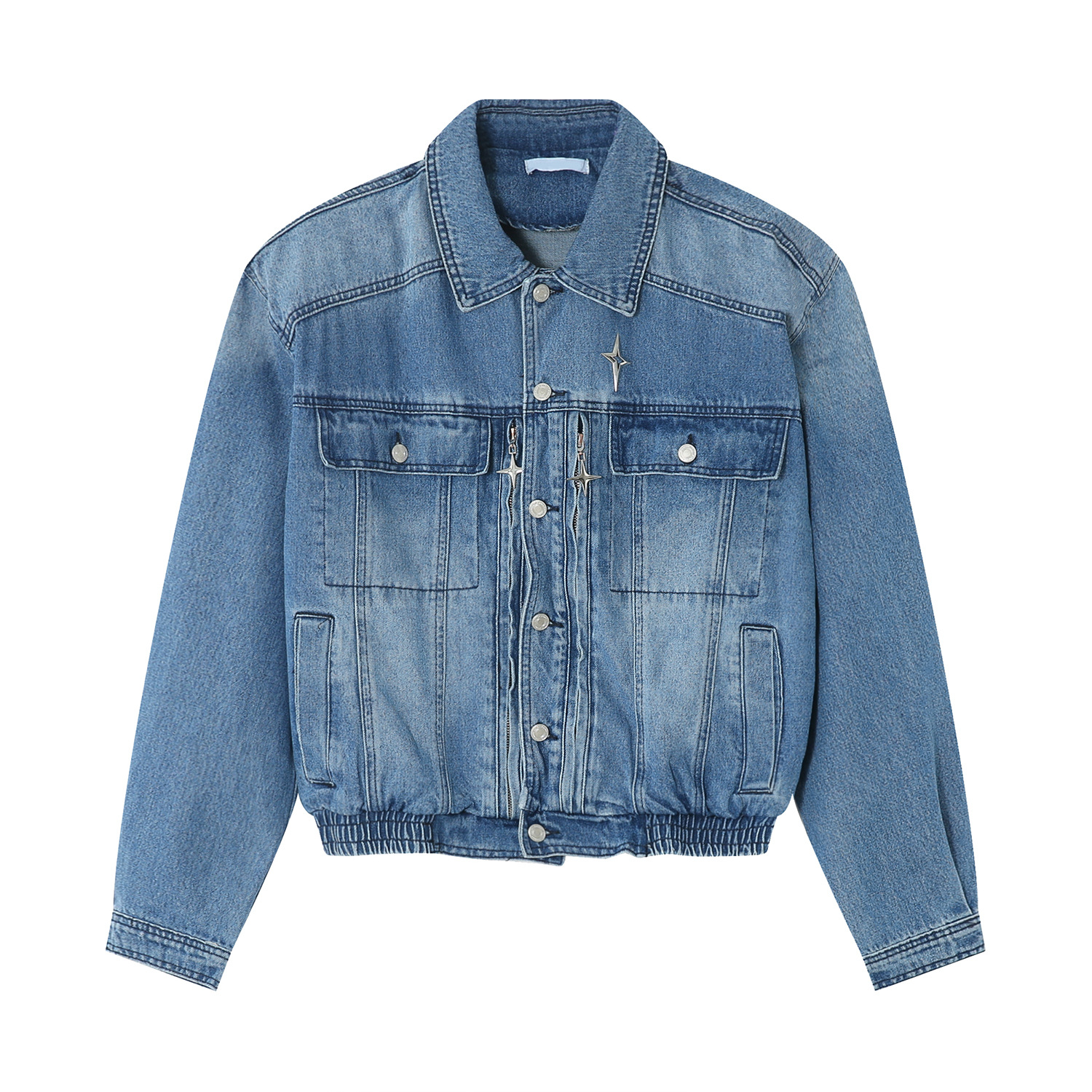 Spring Padded Shoulder Loose Waist Elastic Design Denim Jacket