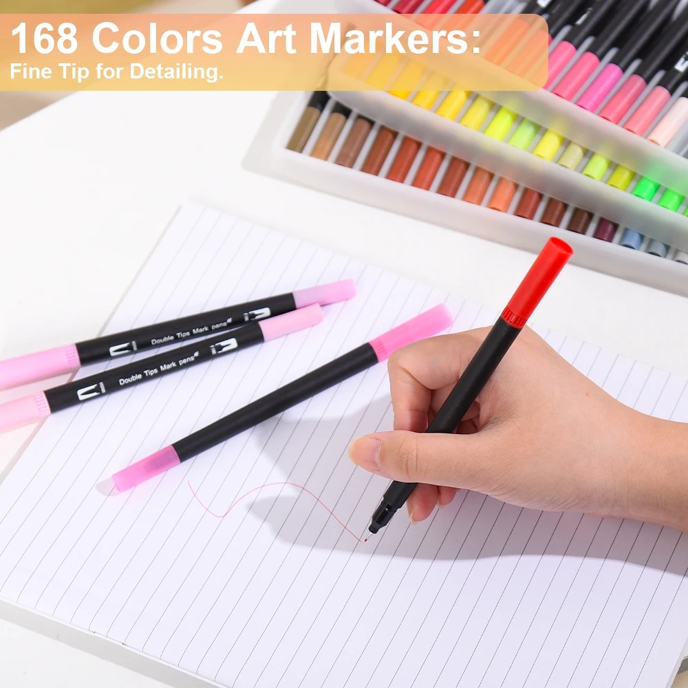 168 Colors Dual Tip Brush Markers Set Black Barrel Watercolour Pens — image 8