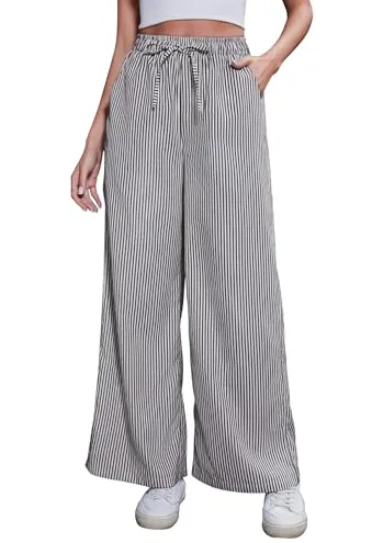 Women's Comfortable Elastic Waist Pinstripe Casual Loose Trousers Black - Shop at LoveMi