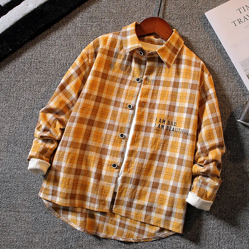 Boys' Long-sleeved Plaid Shirt Casual Trendy and Handsome