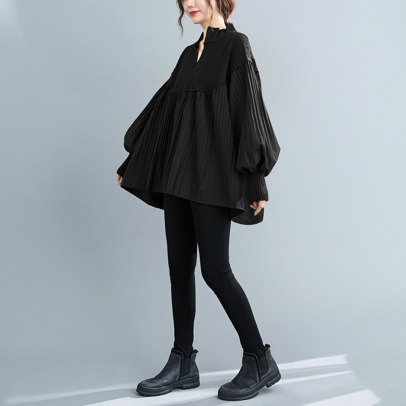 Loose, Thinlarge Size Western Styleage Reductionknitted Stitching Lantern Sleeve Shirtwomen