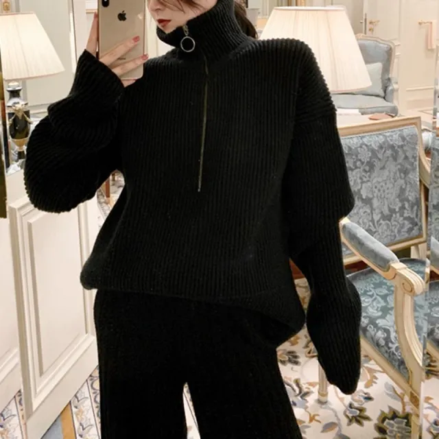 Women's Knitted Wide leg Pants Autumn And Winter White Thick Outer Wear High Waist Straight Loose Black Pants - Shop at LoveMi