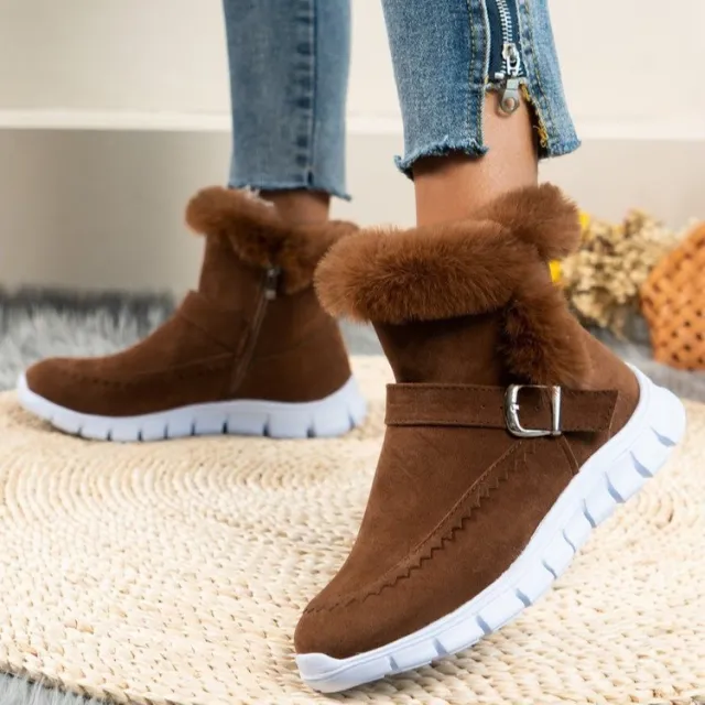 New Snow Boots Winter Warm Thickened Solid Color Plush Ankle Boots With Buckle Design Plus Velvet Flat Shoes For Women Brown - Shop at LoveMi