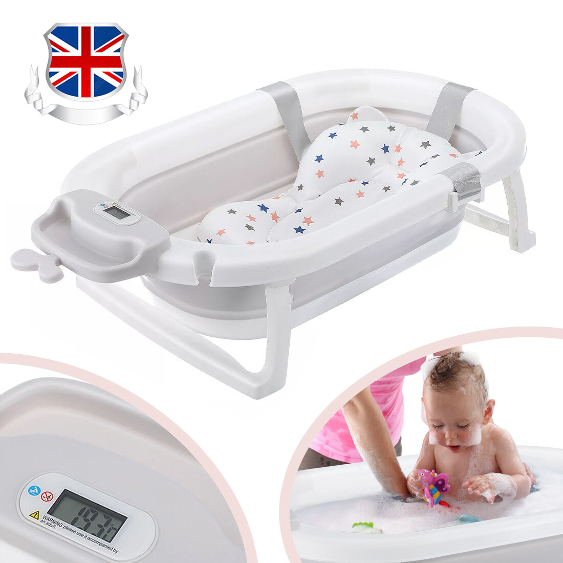 Foldable Baby Bath Tub Ergonomic With Temperature & Cushion Pad Net — image 8