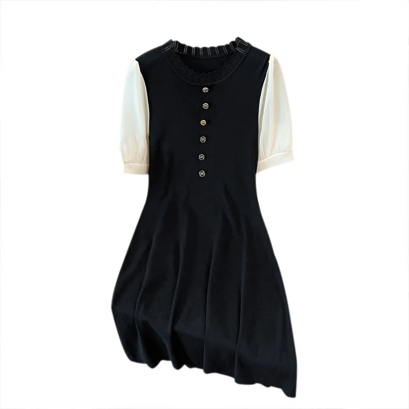 Wooden Ear Collar Spliced Knitted Short Sleeve Dress - Black