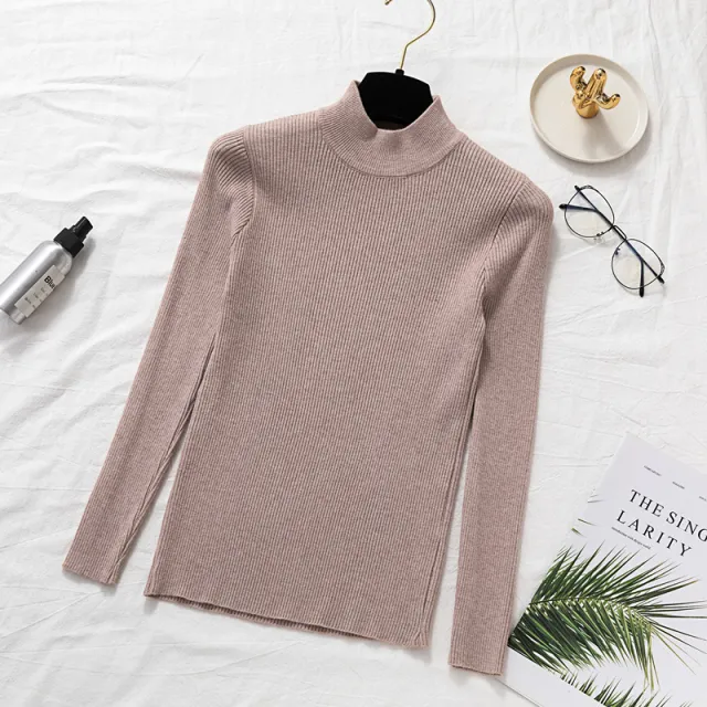 Slim Fit Half high Collar Long Sleeves Bottoming Shirt Pure Color All matching Sweater Khaki - Shop at LoveMi