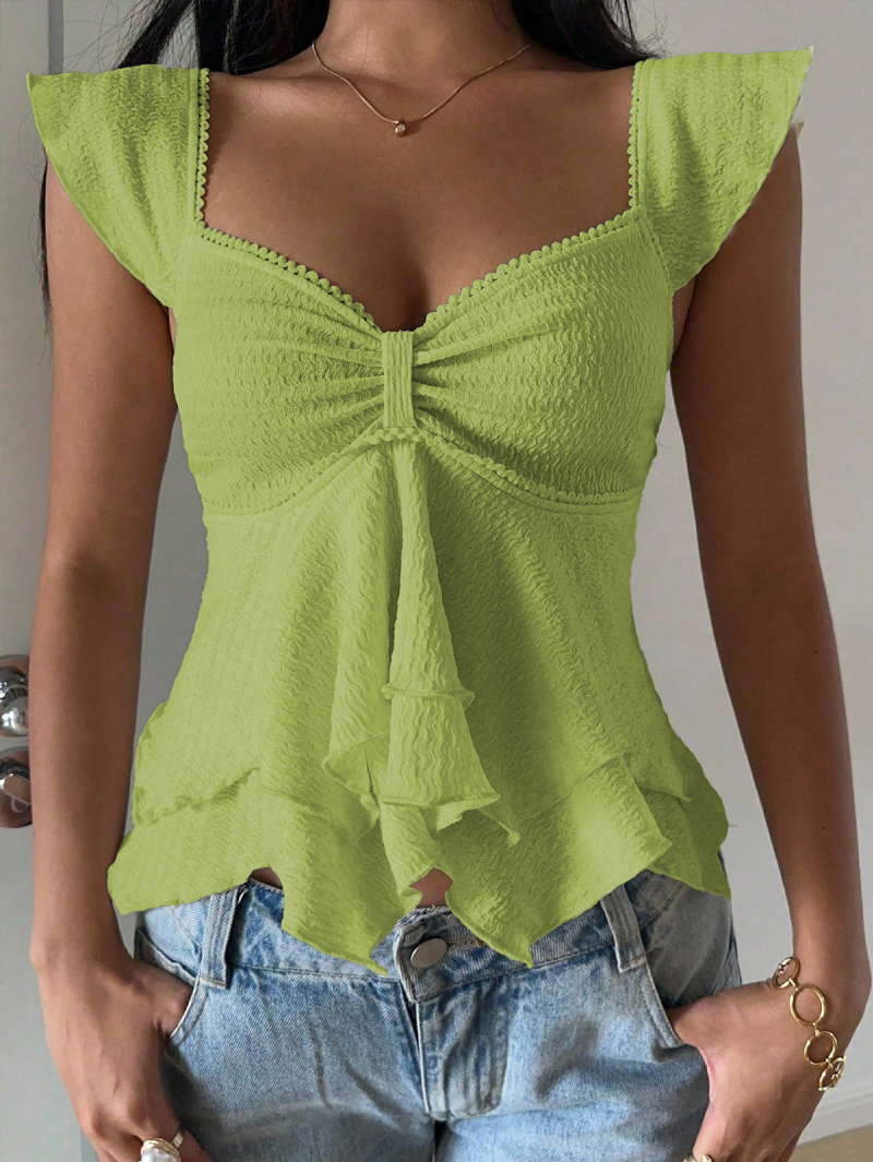 Hot Girl Slim-fit Solid Color V-neck Ruffle Top