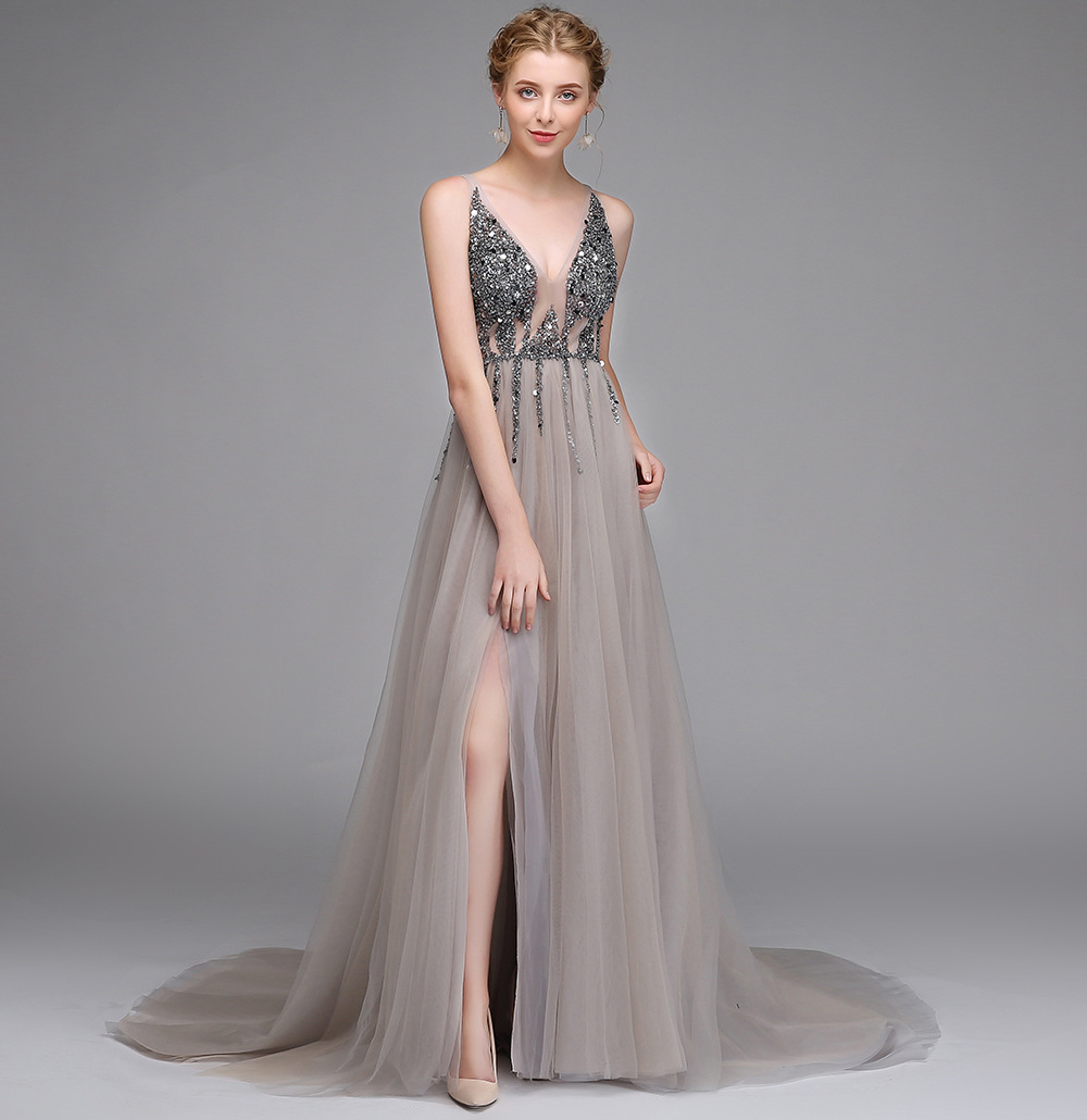 Spring And Autumn Long Banquet Deep V-neck Evening Dress
