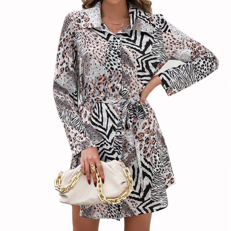 Mid Length Lapel Single Breasted Belted Print Shirt Top