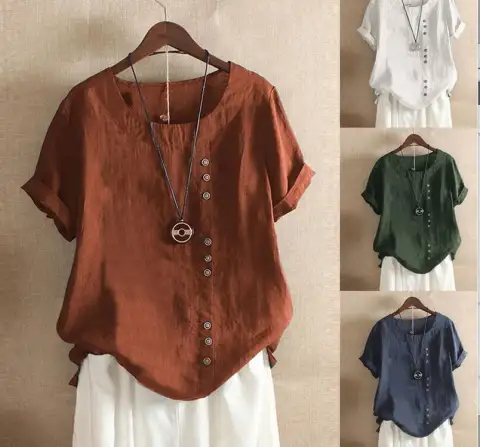 Retro Plus Size Casual Loose Cotton and Linen Short-sleeved