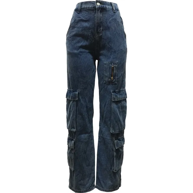 Wash Bellows Pocket Workwear Bag Zipper Denim Trousers Blue - Shop at LoveMi