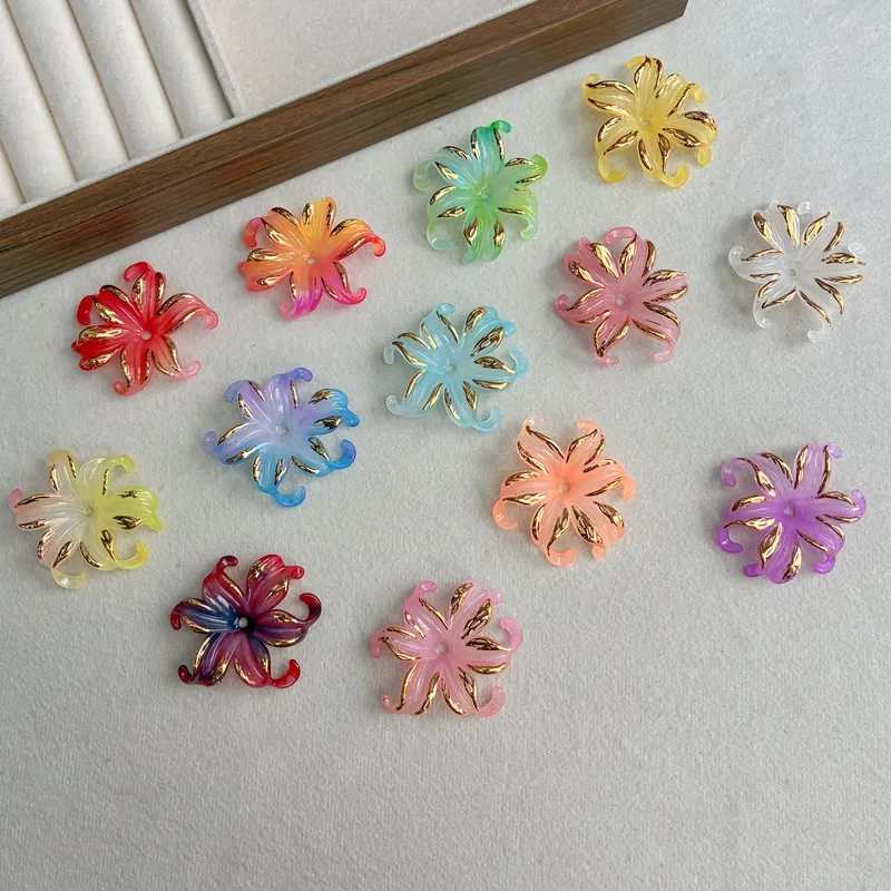 Two-Tone Gold-Trimmed Acrylic Iris Flower Charms, Curled