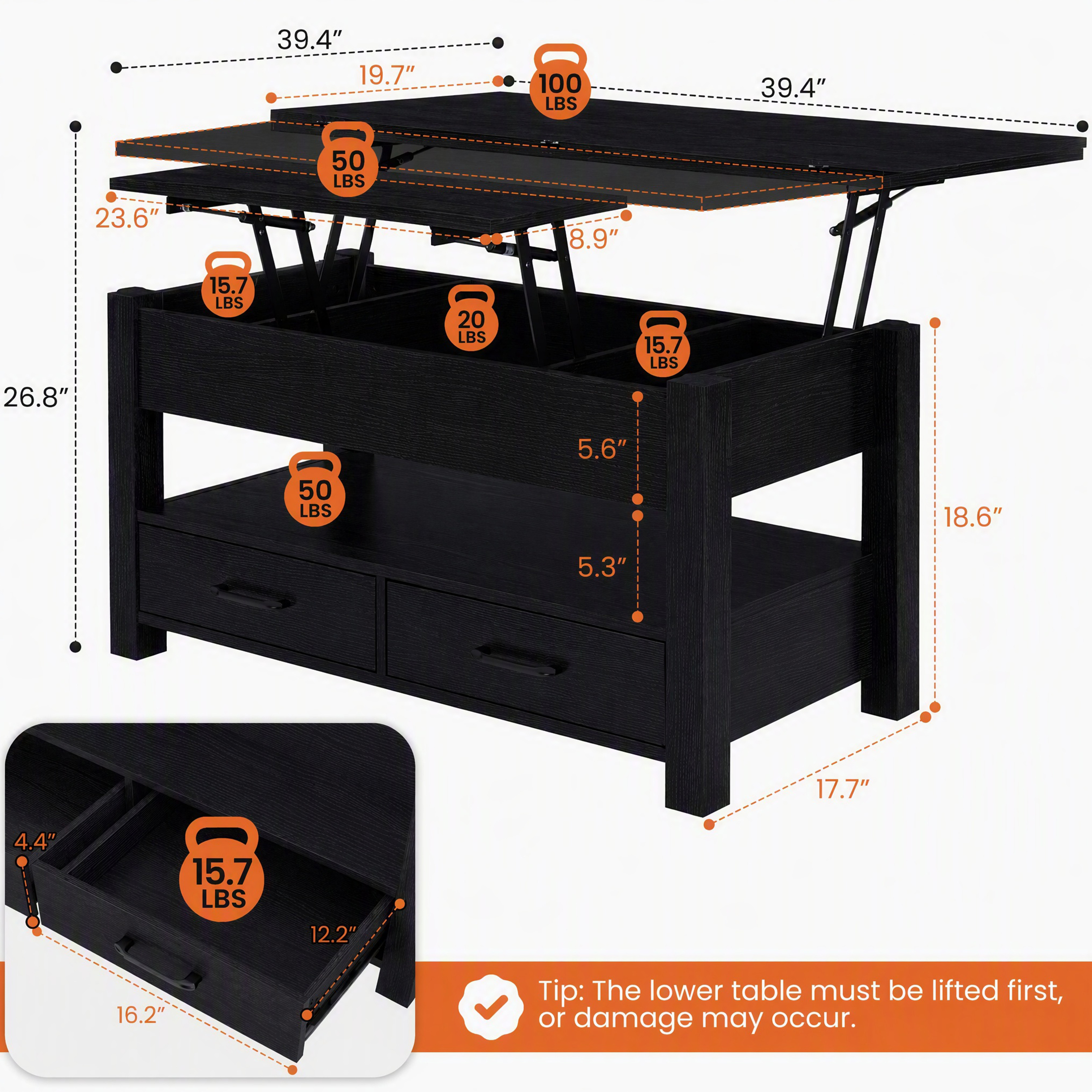 Lift Top Coffee Table, Convertible Design With Drawers And Hidden Storage, For Living Room image 11