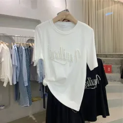 Round Neck Pearl Letter Loose Short Sleeve T-shirt - 2White - View 1