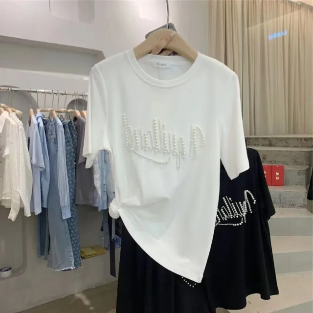 Round Neck Pearl Letter Loose Short Sleeve T shirt 2White - Shop at LoveMi