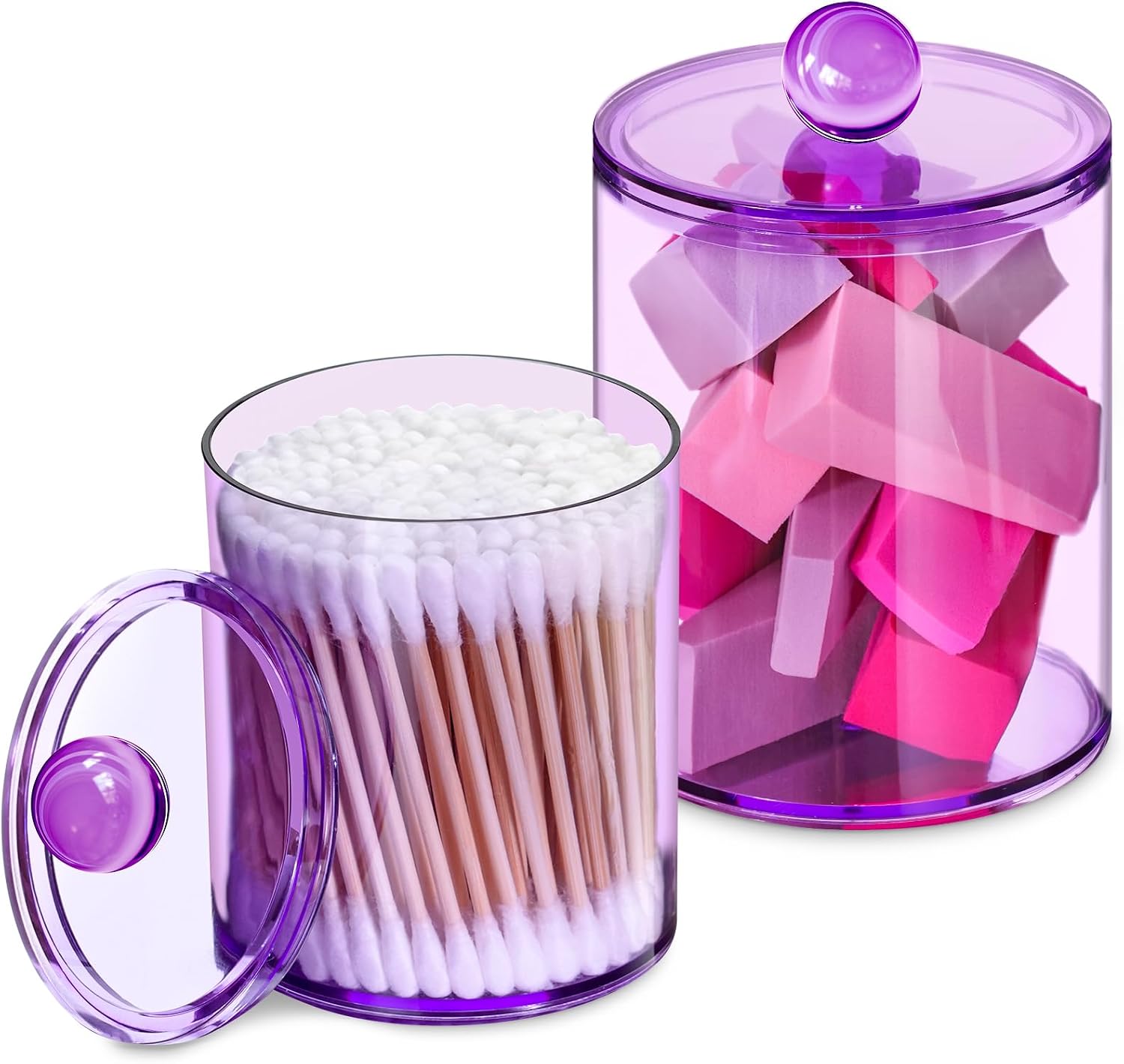 Acrylic Qtip Holder 2 Units, Cotton Ball Storage Jars With Lids, Purple Bathroom Organizer For Vanity And Countertop