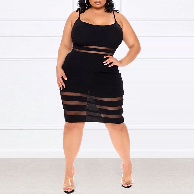 Suspender Striped Mid Waist Black Plus Size Women's Dress