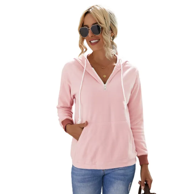 Women Solid Color Hooded Long Sleeve Sweatshirt Pink - Shop at LoveMi