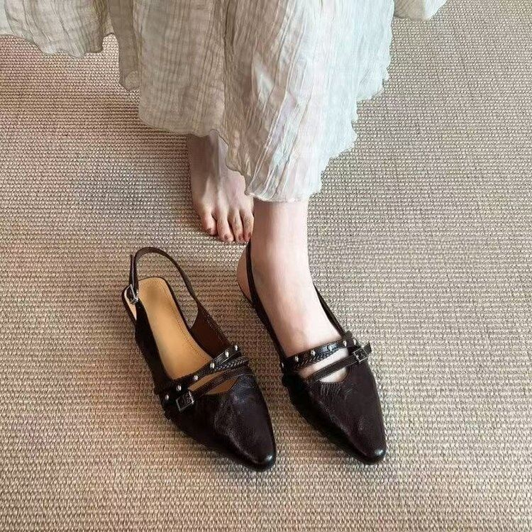 Women Retro Punk Rivet Studded Double Strap Slingback Flats, Pointed Toe Wrinkled Distressed Leather Cutout Metal Buckle Backless Slip On Casual Daily Mule Sandals — view 2