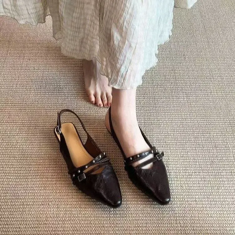 Women Retro Punk Rivet Studded Double Strap Slingback Flats, Pointed Toe Wrinkled Distressed Leather Cutout Metal Buckle Backless Slip On Casual Daily Mule Sand