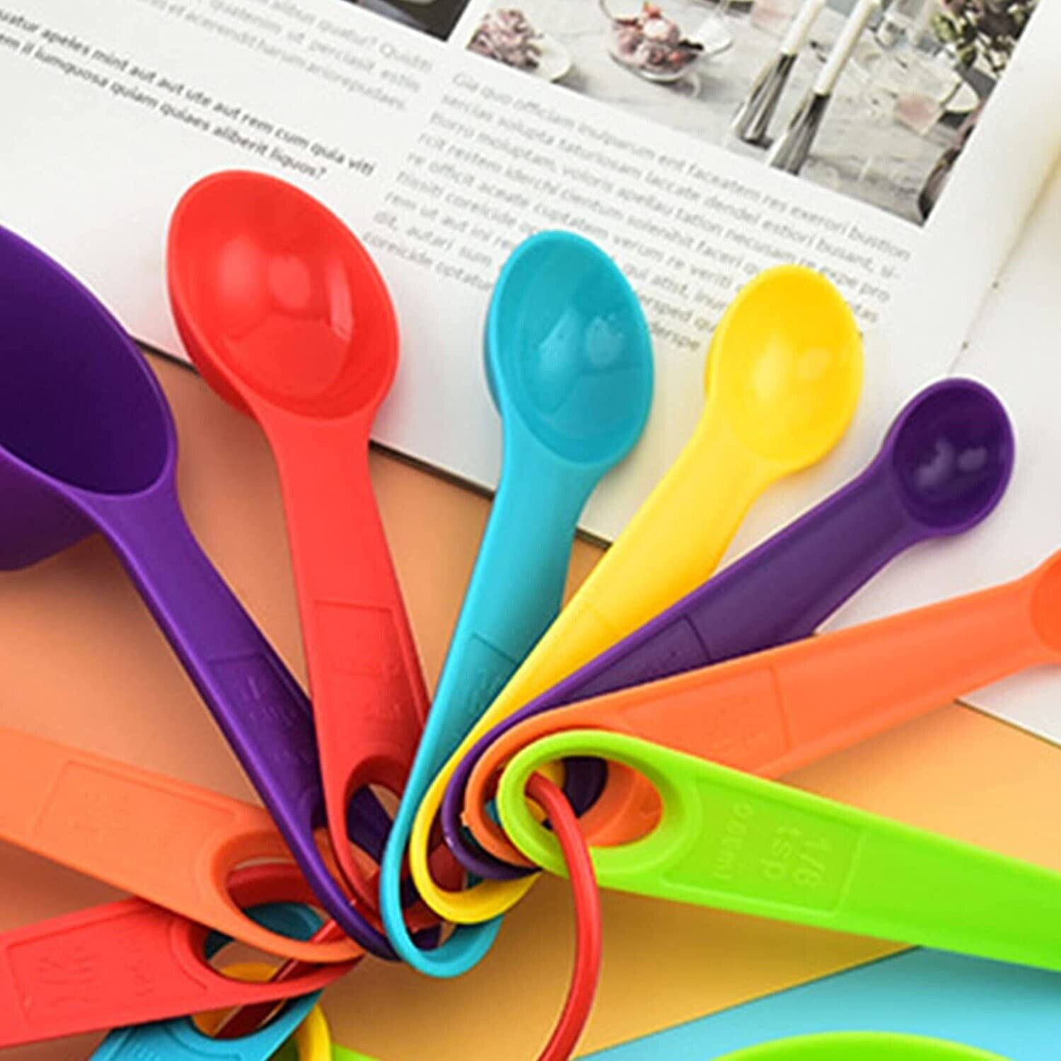 6 Measuring Spoons and 6 Cups Set. we ship only inside the US, USPS First Class Package 2 Day Handling , 2-5 Day Shipping. 12-Piece Plastic Measuring Cups and Spoons Set Great for Baking and Cooking 12 Piece Measuring Cups and Spoons Set, Colored Kitchen 