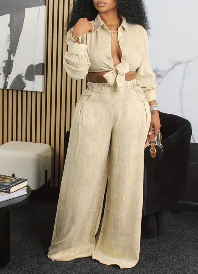 American Retro Short Knotted Shirt  High-waisted Wide-leg Pants Suit For Women