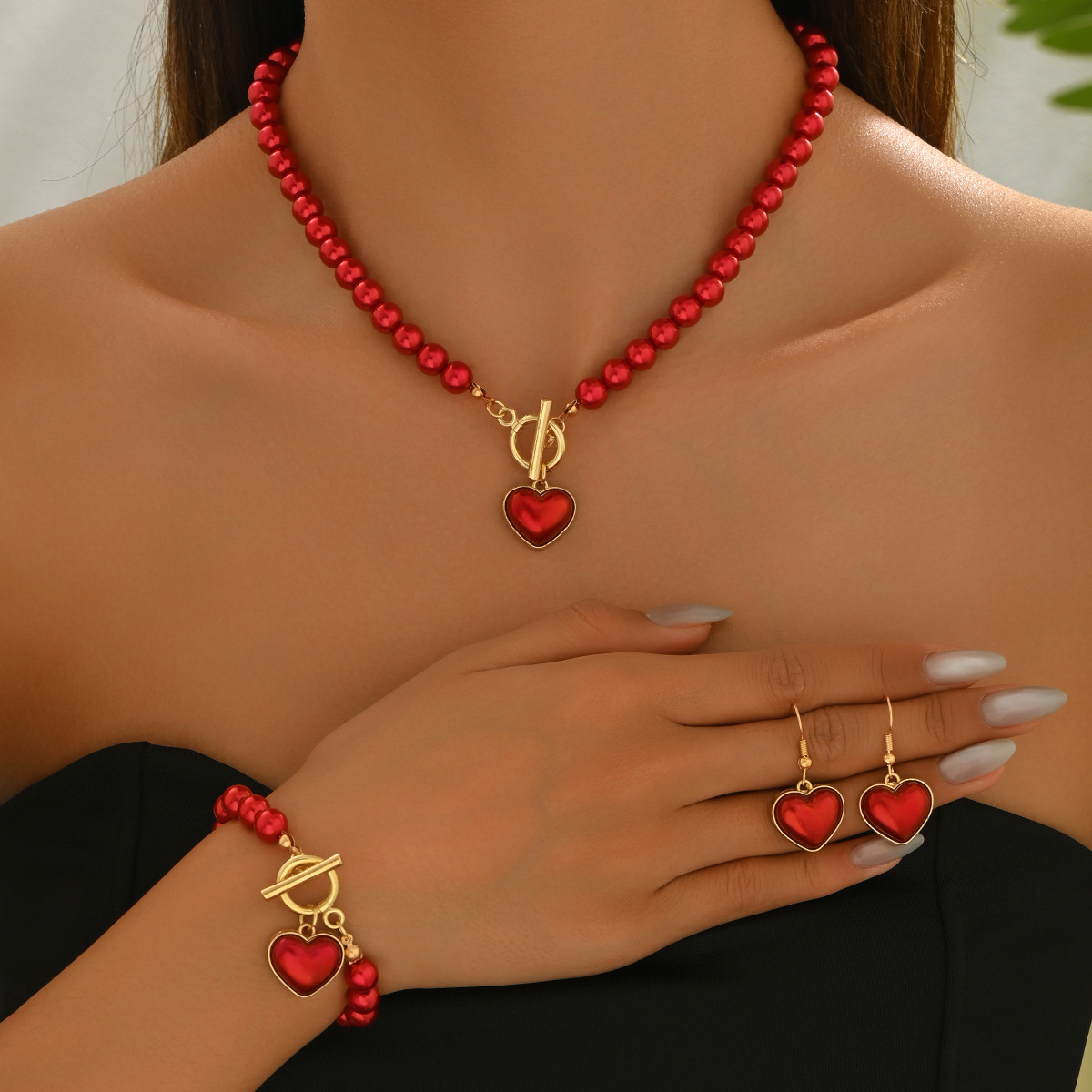 New European American Cross-border Women Jewelry Set, Geometric Heart Braided Necklace Decorated With Faux Pearl, Matching Versatile Earrings & Wrist Accessories