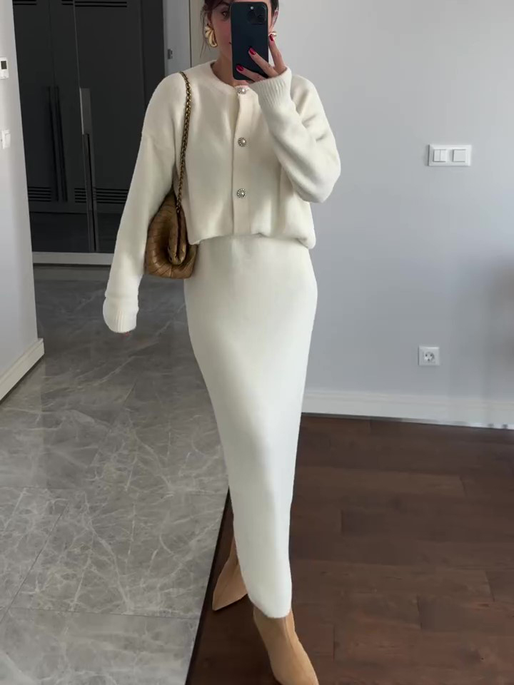 Solid Color Cardigan & Skirt Suit White - Shop at LoveMi