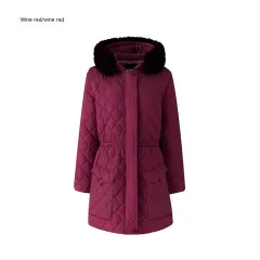 Slim-fit Lace Up Hooded Long Sleeve Plaid Long Women's Winter Top - Wine Red - View 1