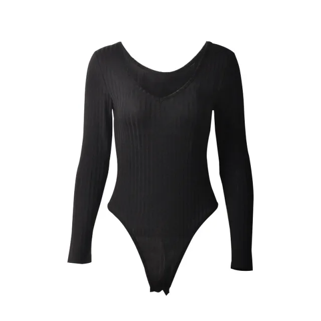 Deep V neck Long sleeved Pit Jumpsuit Black - Shop at LoveMi