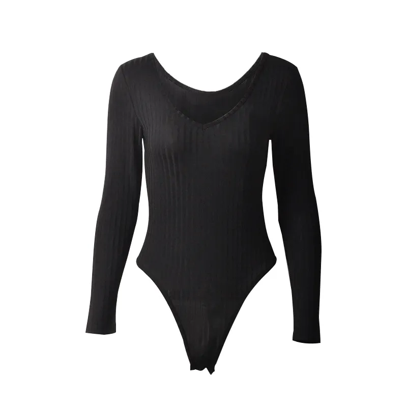 Deep V-neck Long-sleeved Pit Jumpsuit - Black
