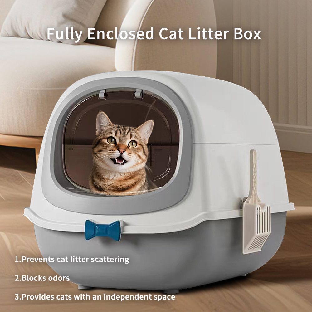 52cm Large Fully Enclosed Flip Cover Cat Litter Box, Anti-Splashing Anti-Tracking Odor Locking Cat Toilet With Free Scoop, Deodorant Pack & Bowtie