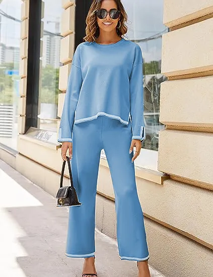 Women's Long Sleeve Knit Sweater Top Wide Leg Pants Casual Set Blue - Shop at LoveMi