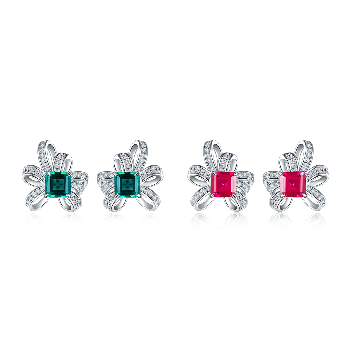 S925 Sterling Silver Bowknot Stud Earrings, 6x6mm Lab-Grown Ruby&Emerald With Mixed Pave Ribbon, Platinum Plated 3.2g Women's Jewelry Gift Box
