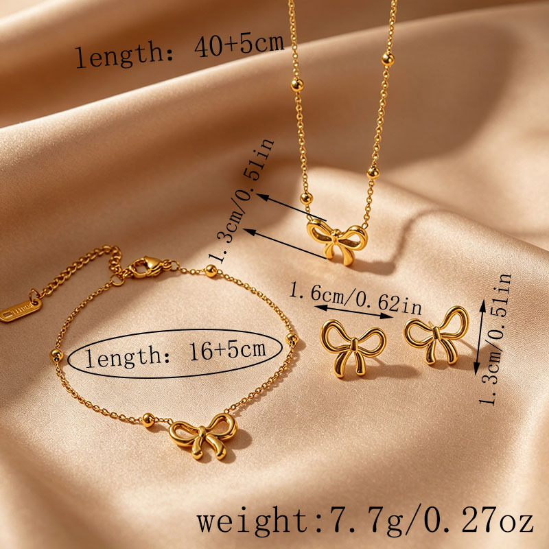 Gold Plated Stainless Steel Bow Jewelry Set For Women, Dainty Bow Pendant Necklace Bracelet Stud Earrings Set, Minimalist Stackable Jewelry Gift 5