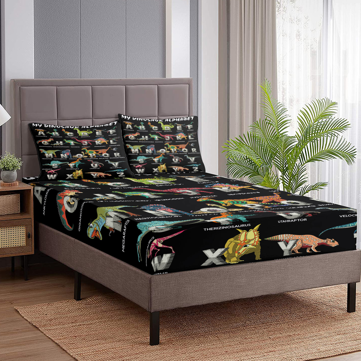 Bedding Fitted Sheet With Deep Pocket, Dino Printed Thicken Soft Fabric Bed Sheets