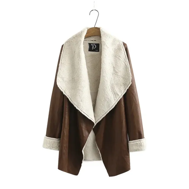 Casual Simple Mid length Faux Fur All in one Leather Jacket Brown - Shop at LoveMi