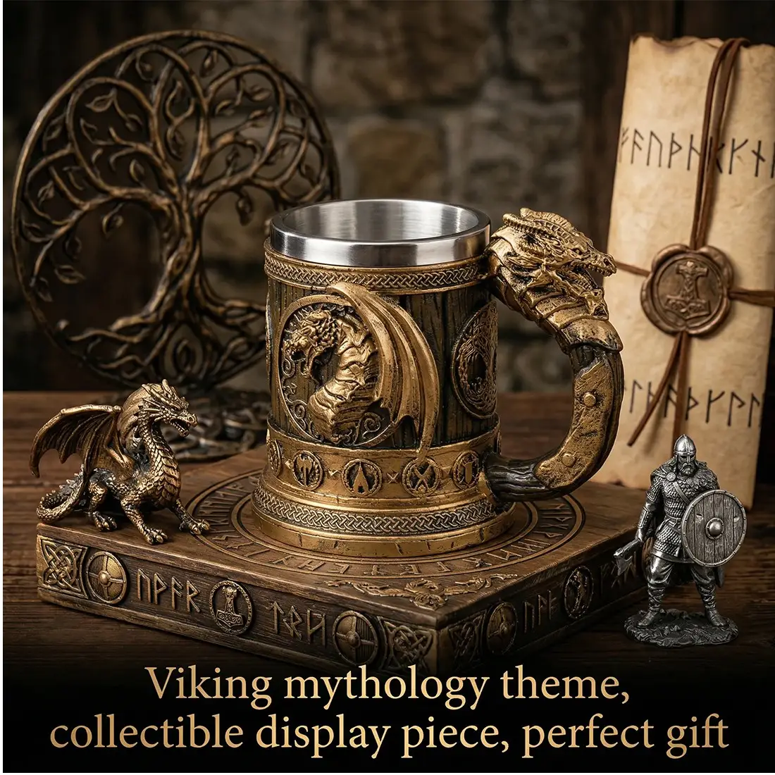 Retro Beer Mug Resin & Stainless Steel Coffee Cup, Viking-Style Mug Ornament