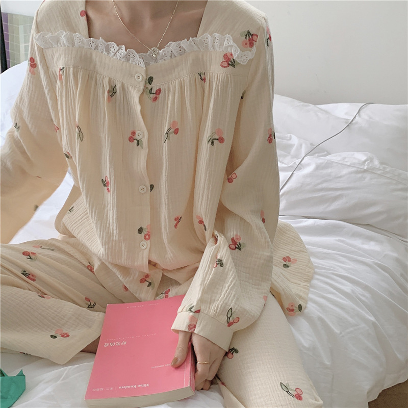 Cotton Women's Printed Pajamas Long Sleeved Trousers, Lace Floral Home Service Suit