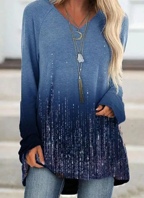 New V Neck Long Sleeved Gradient T Shirt Blue - Shop at LoveMi