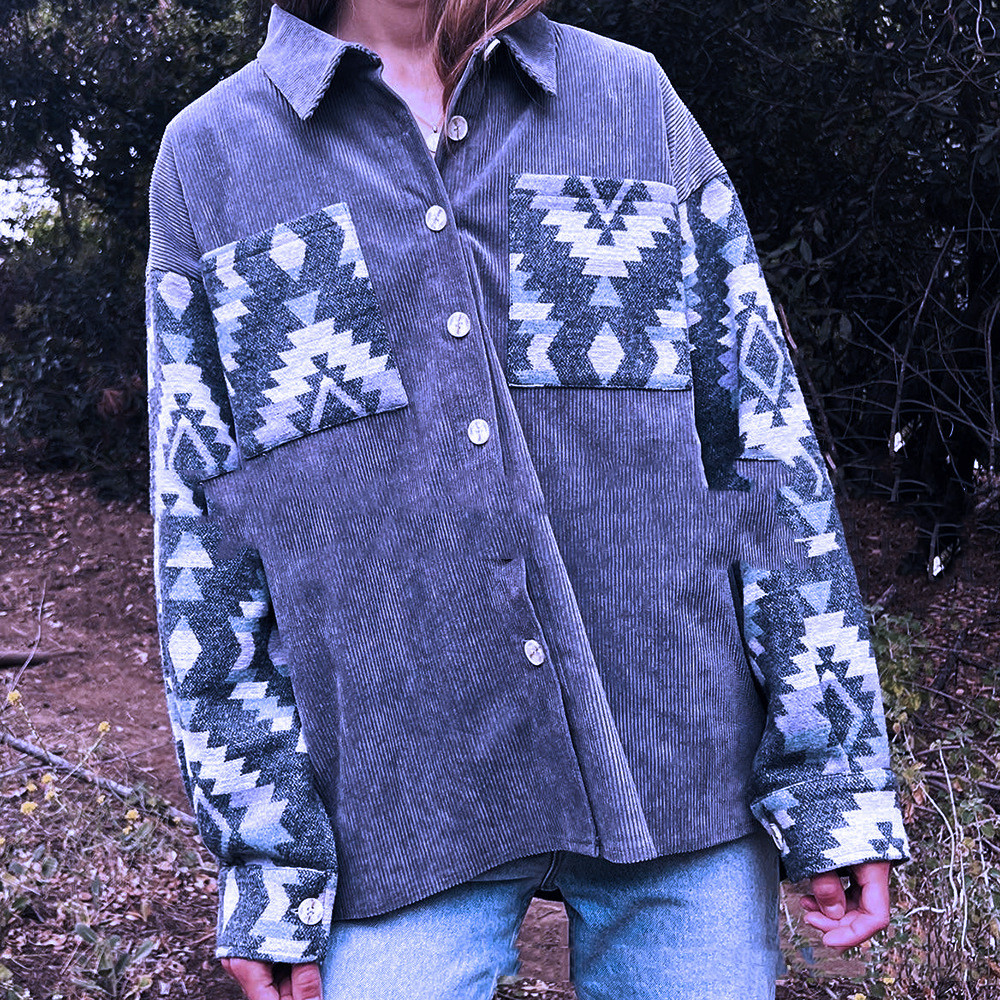 Title 2, New Corduroy Aztec Stitching Long-sleeved Shirt