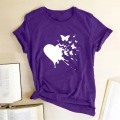 Butterfly Love Printed Casual All-match Loose Ladies Short Sleeve T-Shirt - Purple - View 1