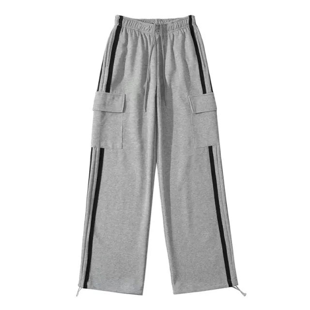 Side Stripe Stitching Women's Drawstring Pocket Casual Pants Bundle Feet Light Grey - Shop at LoveMi