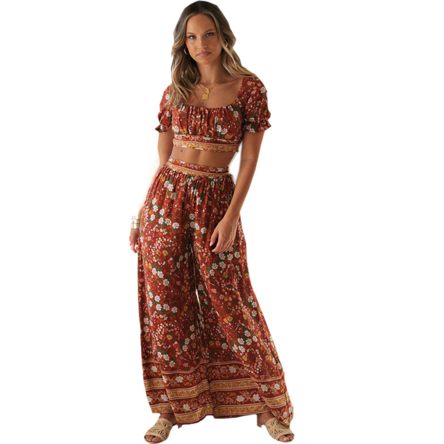 Bohemian Holiday Style Printed Suit Women Short Top  High Waist Trousers