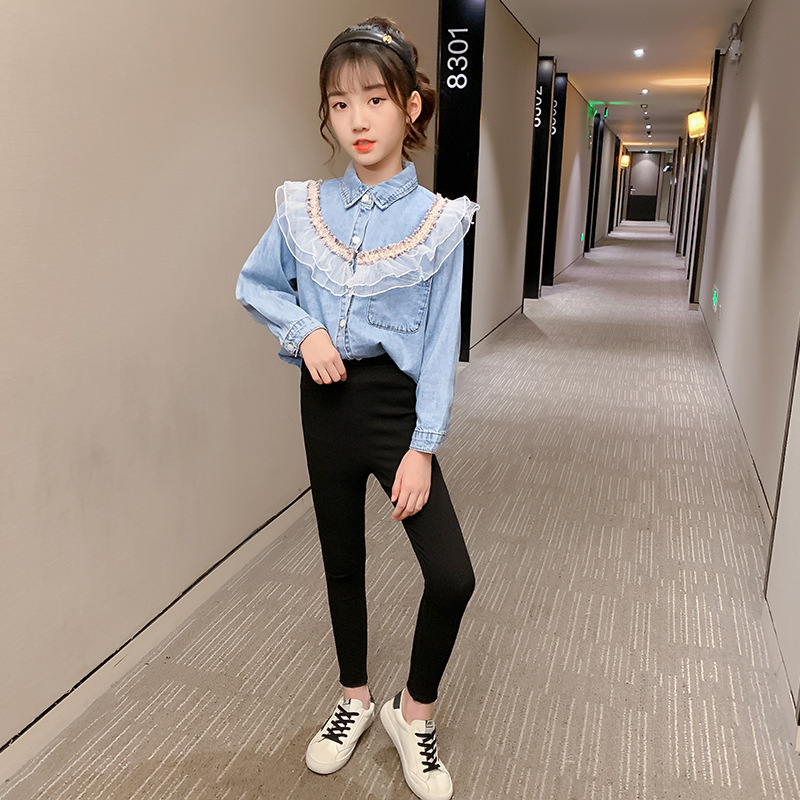 Fashion Children's Long-sleeved Lapel Lace Shirt